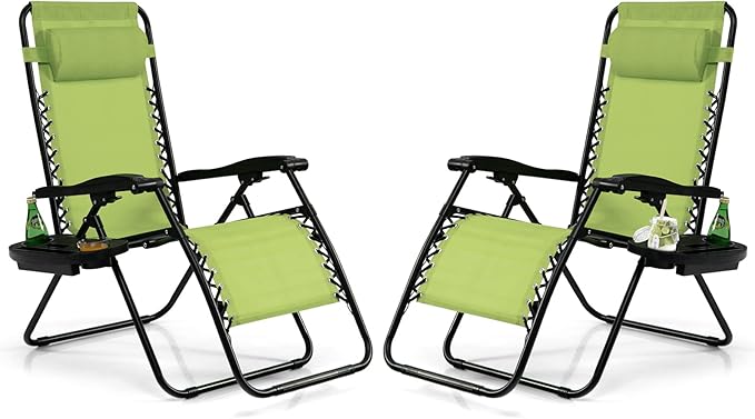 Tangkula Set of 2 Zero Gravity Chair, Folding Patio Lounge Chair Adjustable Outdoor Recliner with Cup Holder, Wide Armrest for Patio Garden Poolside Outdoor Yard Beach, Support 350 lbs (2, Green)