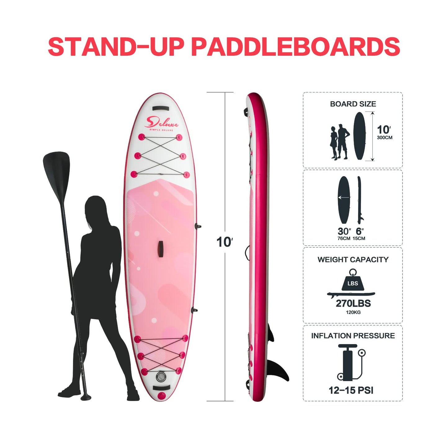 Inflatable Stand Up Paddle Board – Simple Deluxe Premium SUP for All Skill Levels, Pink Paddle Boards for Adults & Youth, Blow Up Stand-Up Paddleboards with Accessories & Backpack, Surf Control