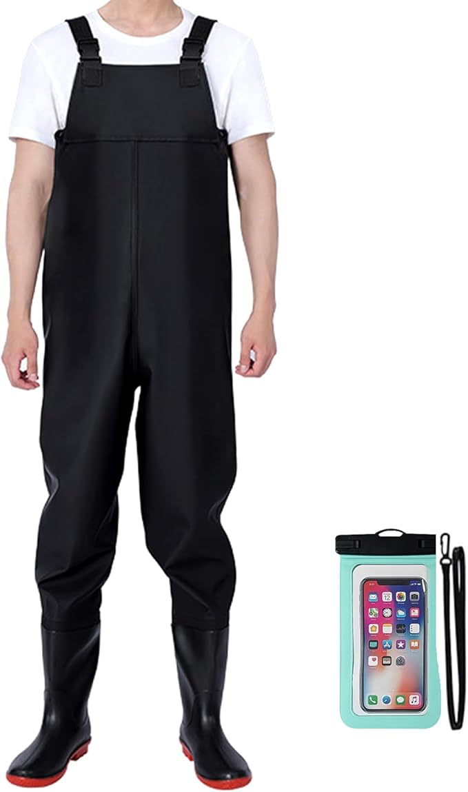 Aosethefrt Fishing Chest Waders and Waist Wader Pants for Men, Waterproof PVC Lightweight Bootfoot Black Insulated Wading
