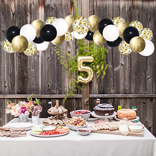 Black and Gold Confetti Balloons, 50 Pack 12inch White Latex Party Balloon Set with Gold Ribbon for New Year Graduation Bi...