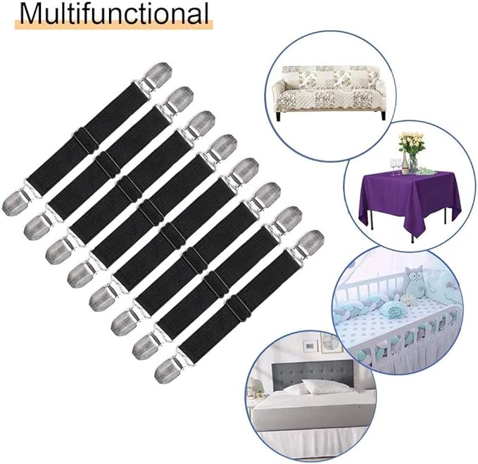 8Pcs Adjustable Bed Sheet Straps Clips, Elastic Mattress Sheet Fasteners Holder and Suspenders, Grippers to Hold Sheet, Mattress, Sofa, Couch, Table Cloth, Ironing Board Cover