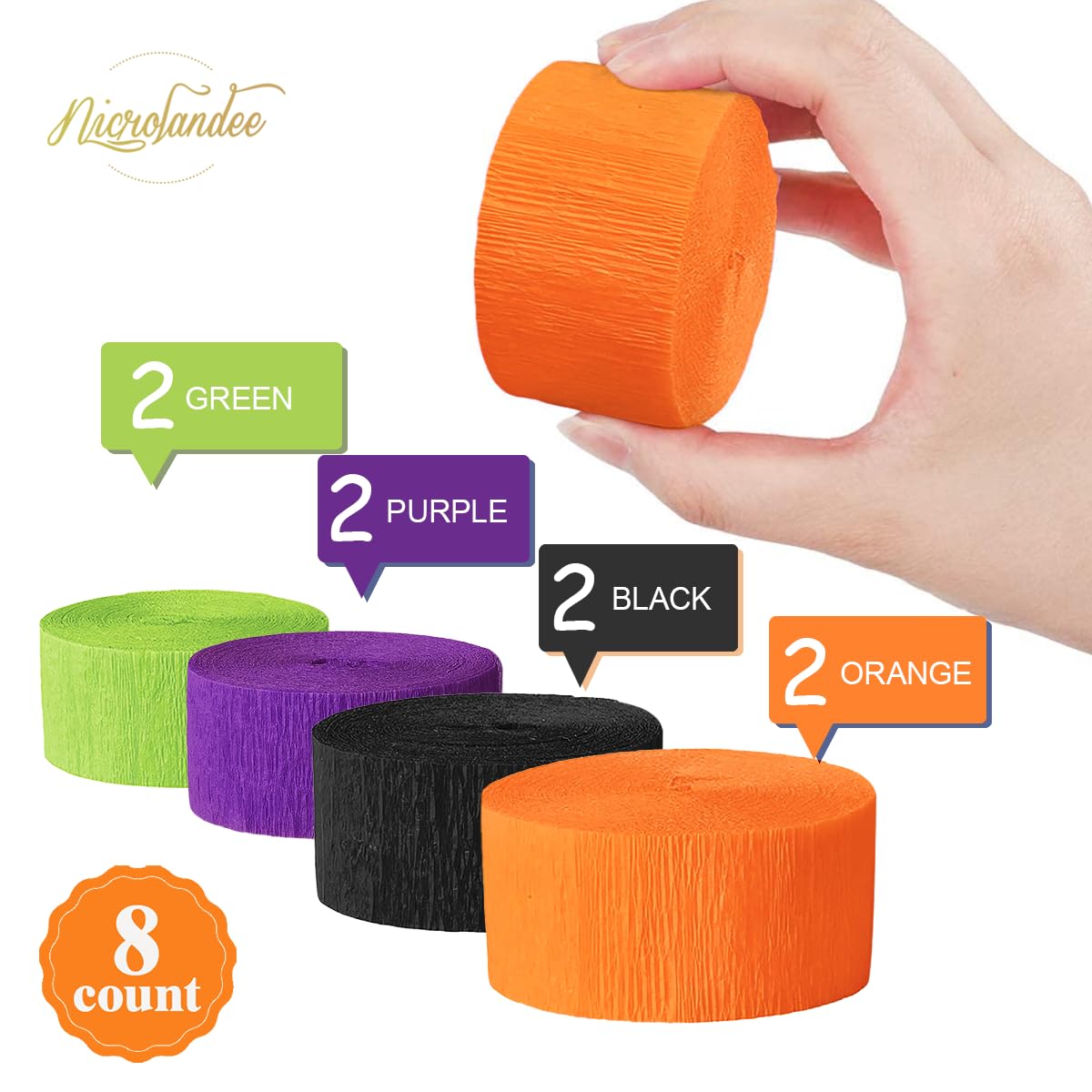NICROLANDEE Halloween Crepe Paper Streamers - Black & Orange, 82ft Long, 8 Rolls for Halloween Theme Horror Party, Birthday & Home Party Backdrop Decorations