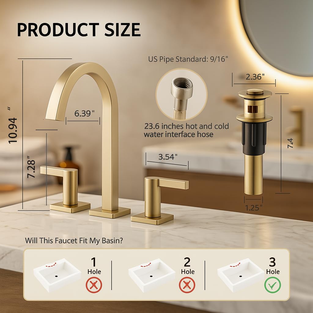 INDARE Brushed Gold Bathroom Faucets, 8 Inch Brass Widespread Bathroom Sink Faucet 3 Holes, Two Handles Sink Faucet with Metal Pop-Up Drain & CUPC Supply Lines, for Gold Vanity RV