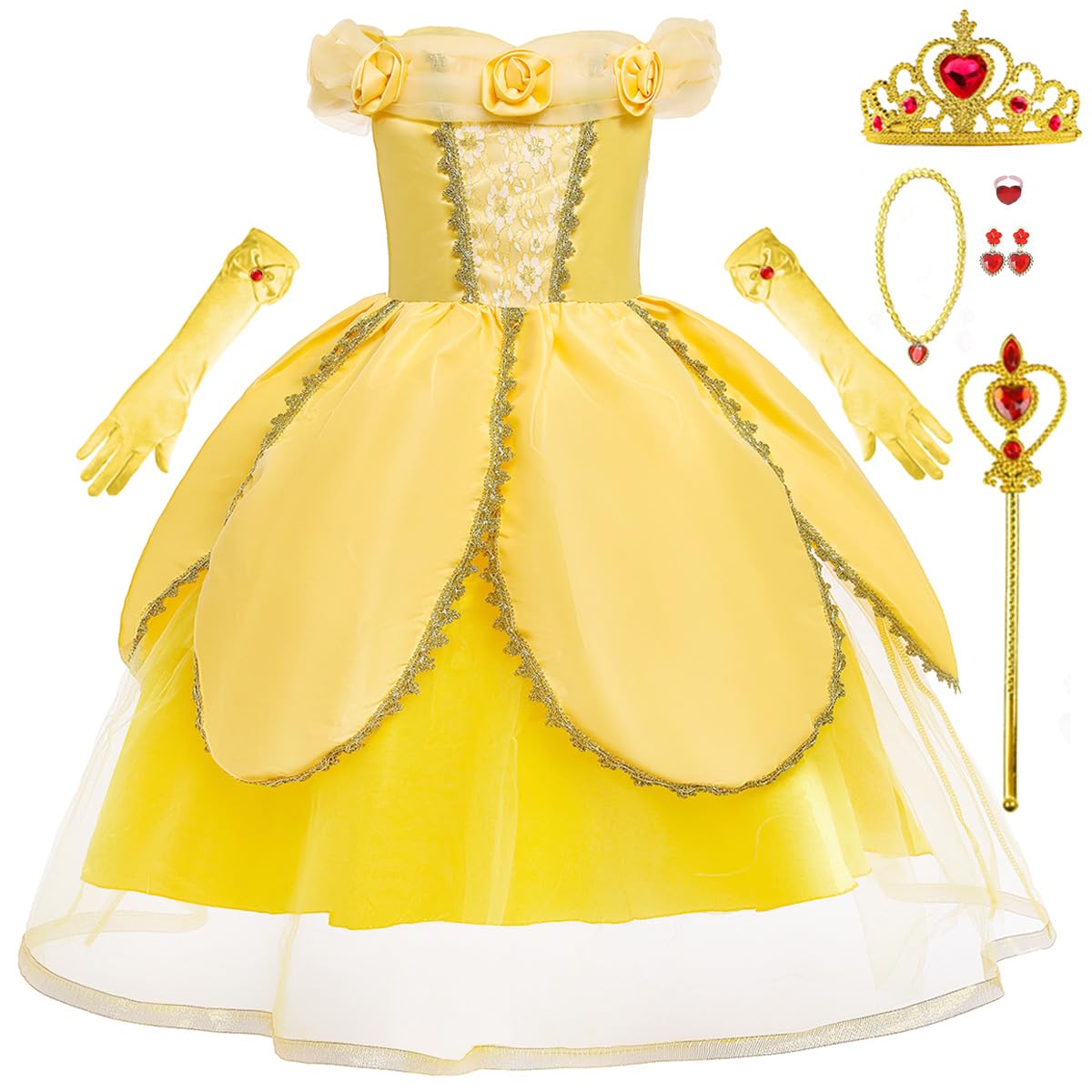iTVTi Princess Belle Dress up Costume for Girls Yellow Dresses Halloween Cosplay Birthday Outfit with Accessories, Yellow, 5-6 Years(Tag 130)