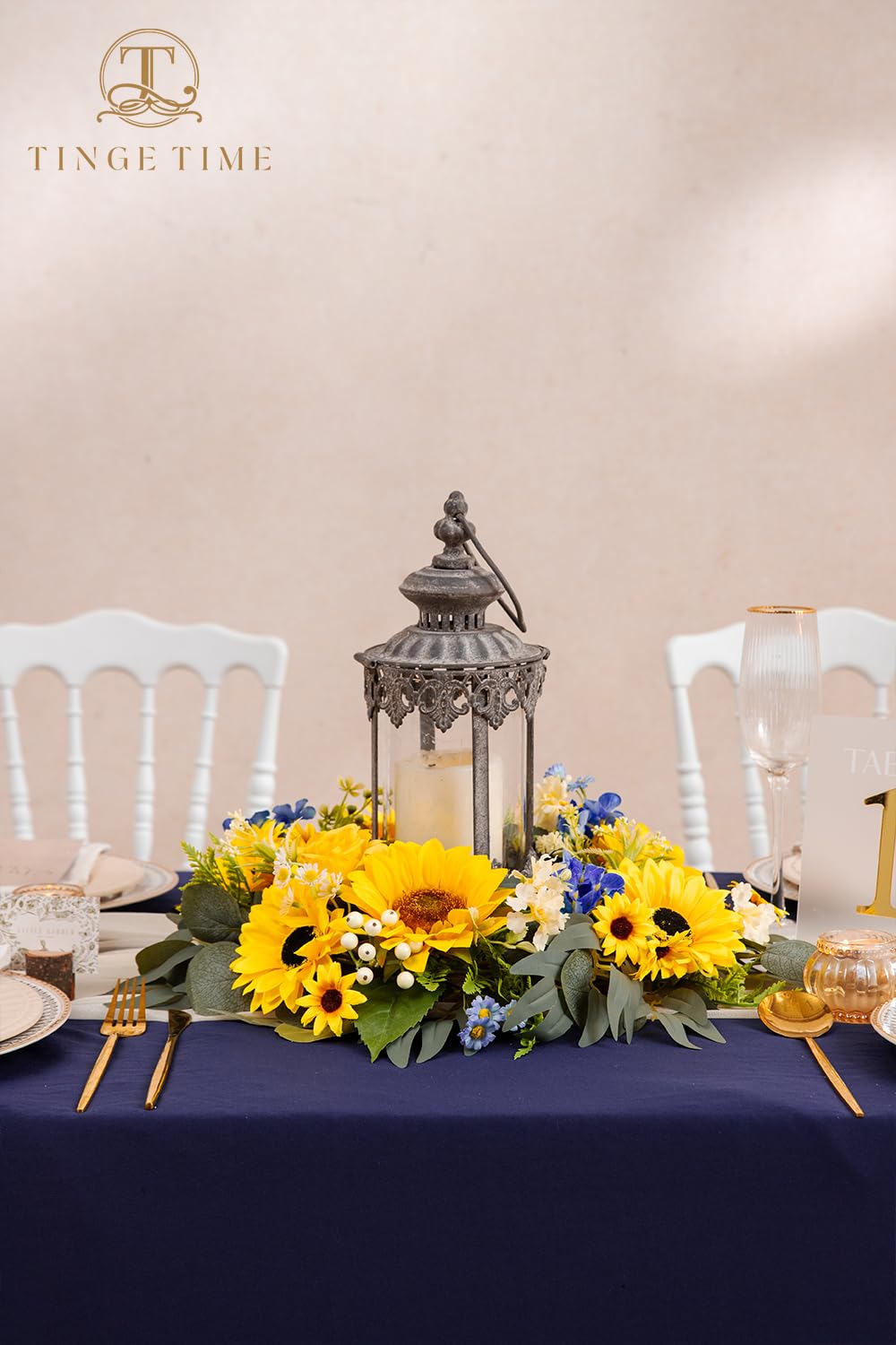 TINGE TIME Aritificial Flowers Candle Rings, 1 Pcs 15inch Diam Sunflower & Royal Blue Fake Rose Wreath Wedding Centerpieces for Tables Summer Garland for Front Door Weddings Party Ceremony Decor