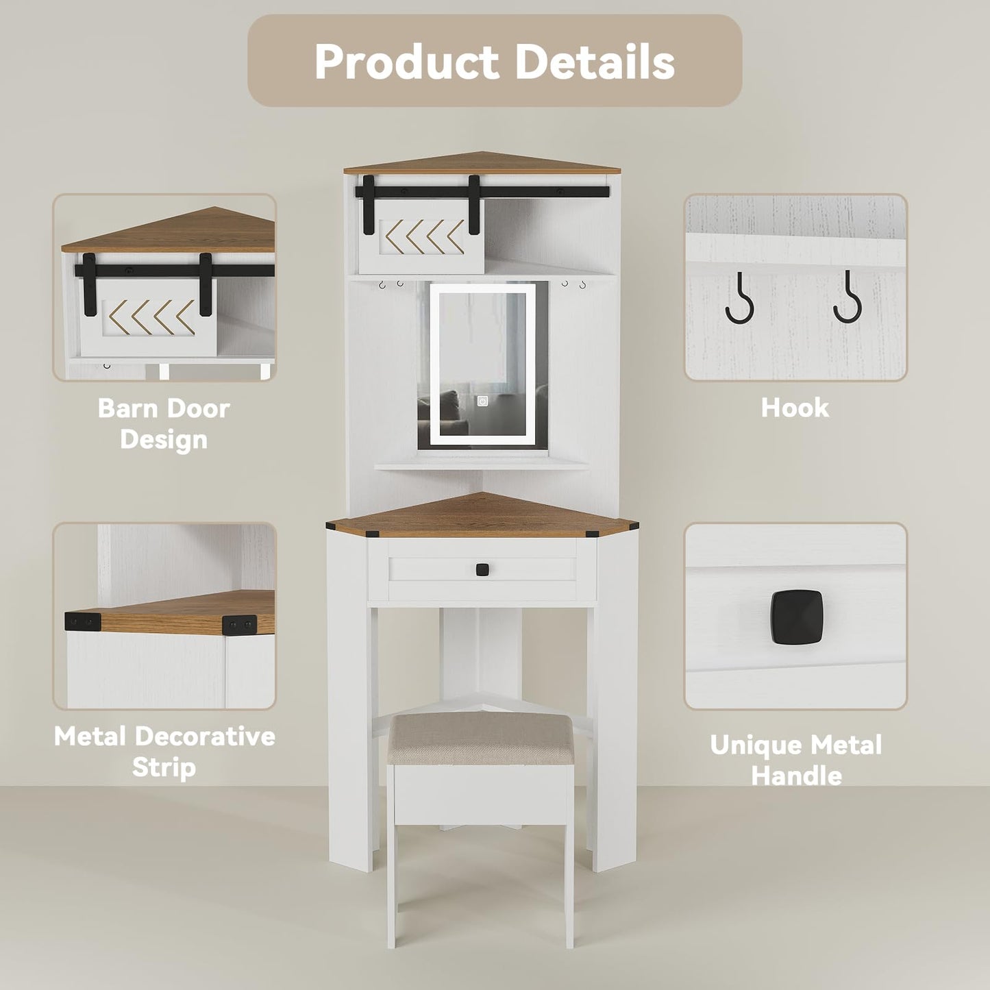 ARTETHYS Small Vanity Desk Set with Lights and Mirror Makeup Vanities with Drawers for Corner Space White Farmhouse Make up Dressing Table with Storage Stool for Bedroom
