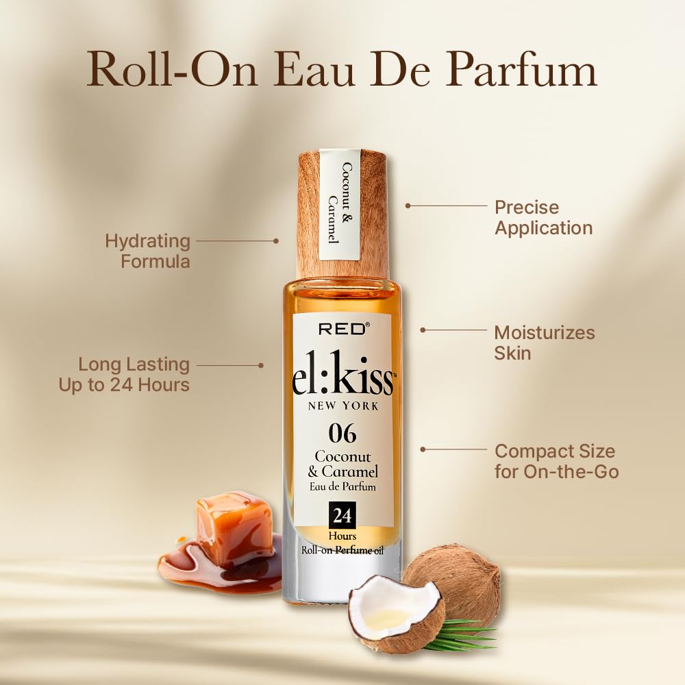 EL:KISS Roll On Perfume, Coconut & Caramel Eau de Parfum 12mL (.40 Fl Oz), Hydrating & Long-Lasting, Alcohol-Free & Mineral Oil-Free, Infused with Jojoba, Argan & Coconut Oil