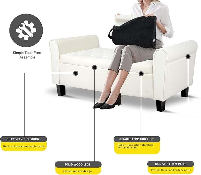 Babion Storage Bench for Bedroom End of Bed, Button Tufted Storage Ottoman Bench 51Inch, End of Bed Storage Bench with Upholstered, Rolled Arm Window Bench Seat with Solid Wood Legs, Beige