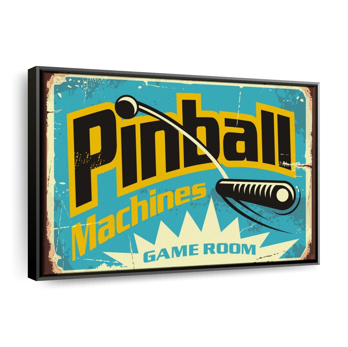 ElephantStock Pinball Machine Game Room Wall Art - Horizontal Floating Framed Canvas - 1-Piece Living Room Wall Decor - Retro Digital Art Canvas Print - Turquoise and Black Decor for Wall - 40" X 27"
