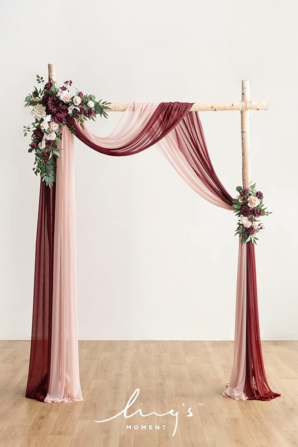 Ling's moment Red Pink Blush Artificial Wedding Arch Flowers Kit Pack of 4, 2pcs Hanging Flower Arrangement 2pcs Chiffon Drapes Ceremony Reception Fake Rose Arbor Backdrop Floral Party Outdoor Decor
