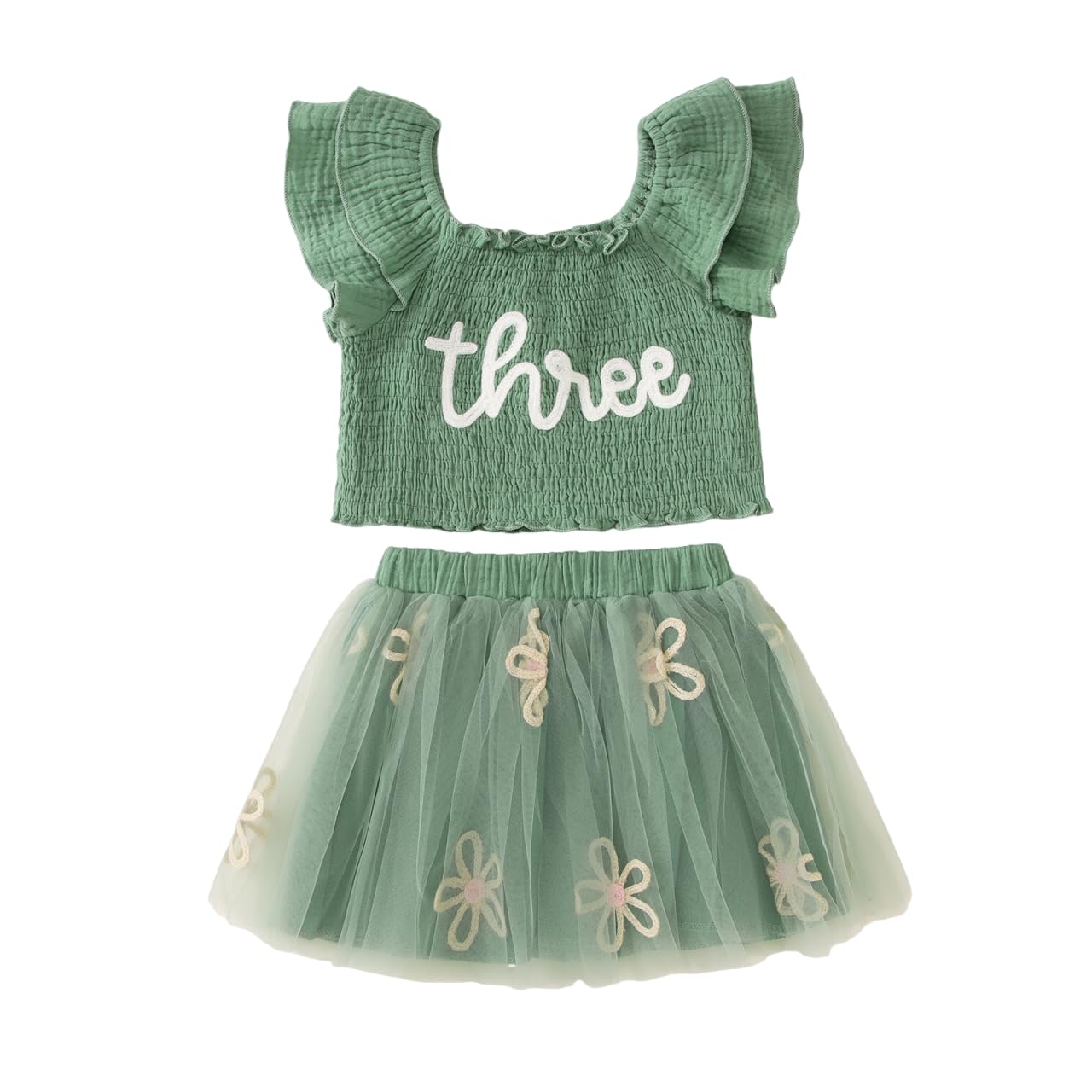 KEKEMI Toddler Girl Birthday Outfits 2nd 3rd 4th 5th 6th 7th Birthday Embroidery Shirt B-Day Tutu Skirt Set Cake Smash Outfit(Green,3T)