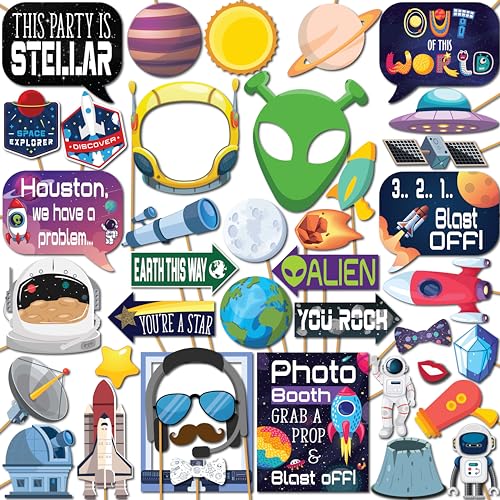 Space Photo Booth Props - 41-pc Photobooth Kit with 8 x 10-Inch Sign, 60 Adhesive Pads, 45 Sticks - Space Party Decor - Sp...