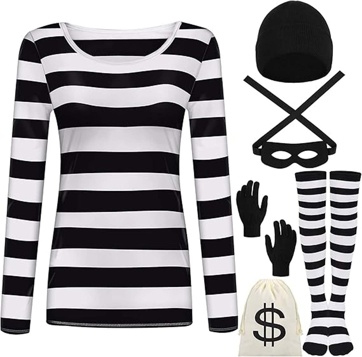 JUANSI Adult Halloweent Robber Costume Set Black and White Striped Tee Shirt Canvas Bag Gloves Eye Patch and Beanie Cap (Female, XXL)