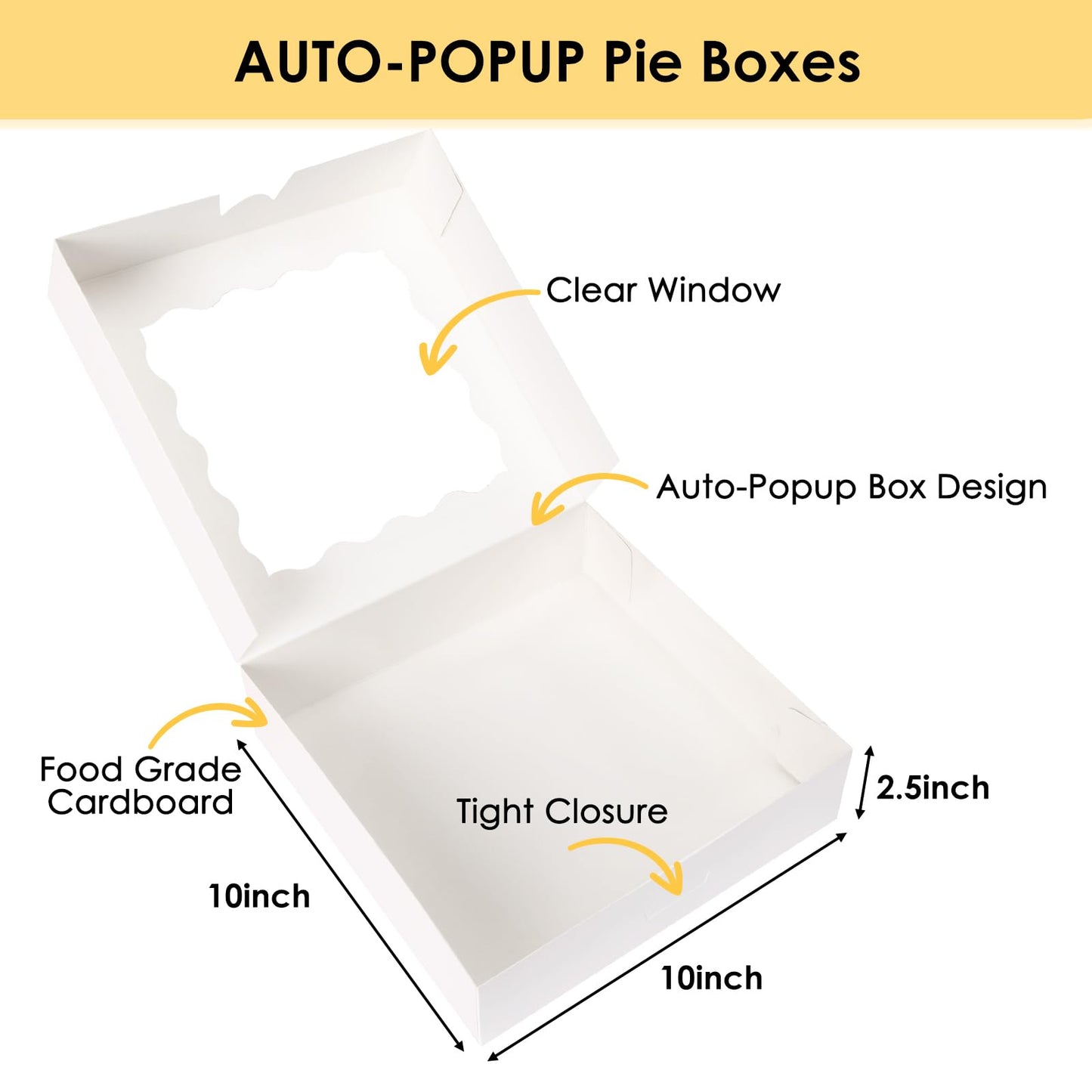 Moretoes 24pcs Bakery Boxes, 10x10x2.5 Inches Auto-Popup Pie Boxes for Cookies, Chocolate Covered Strawberries, Pies, Donuts, Muffins
