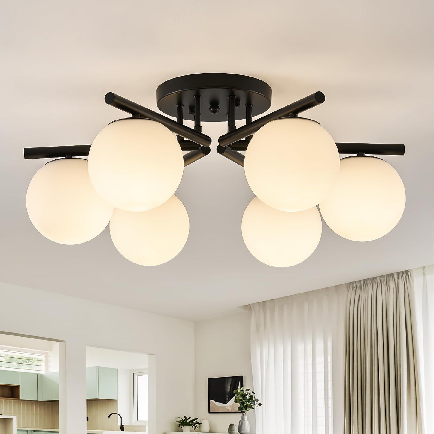 Bsyormak Sputnik Semi Flush Mount Ceiling Light, 6 Globe Lights Sputnik Ceiling Light Fixture, Milk Glass Globe Chandelier for Dining Room, Black Mid Century Modern Chandelier for Living Room, Hallway