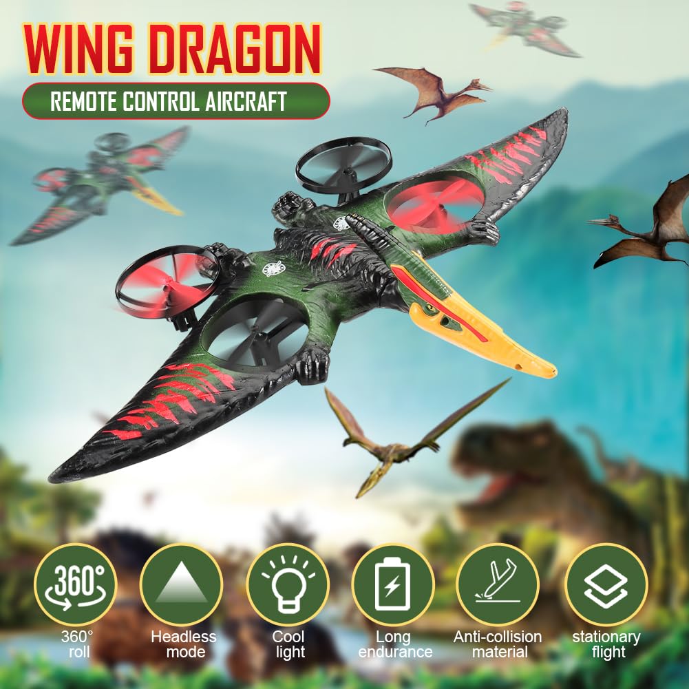 Pterodactyl Drone Dragon Toys Drones for Kids and Adults Easy to Flying Dinosaur Toys Remote Controlled Aircraft for Beginners Hobby RC Plane Toys Birthday Gifts for Boys 8-12