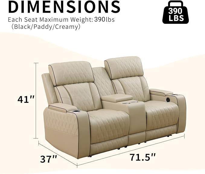 Caberryne Power Recliner Sofa with LED Lights,Leather Reclining Loveseat with Double Recliner/USB Port/Storage Console/Cup Holder for House/Home Theater(2 Seater Loveseat,Paddy)