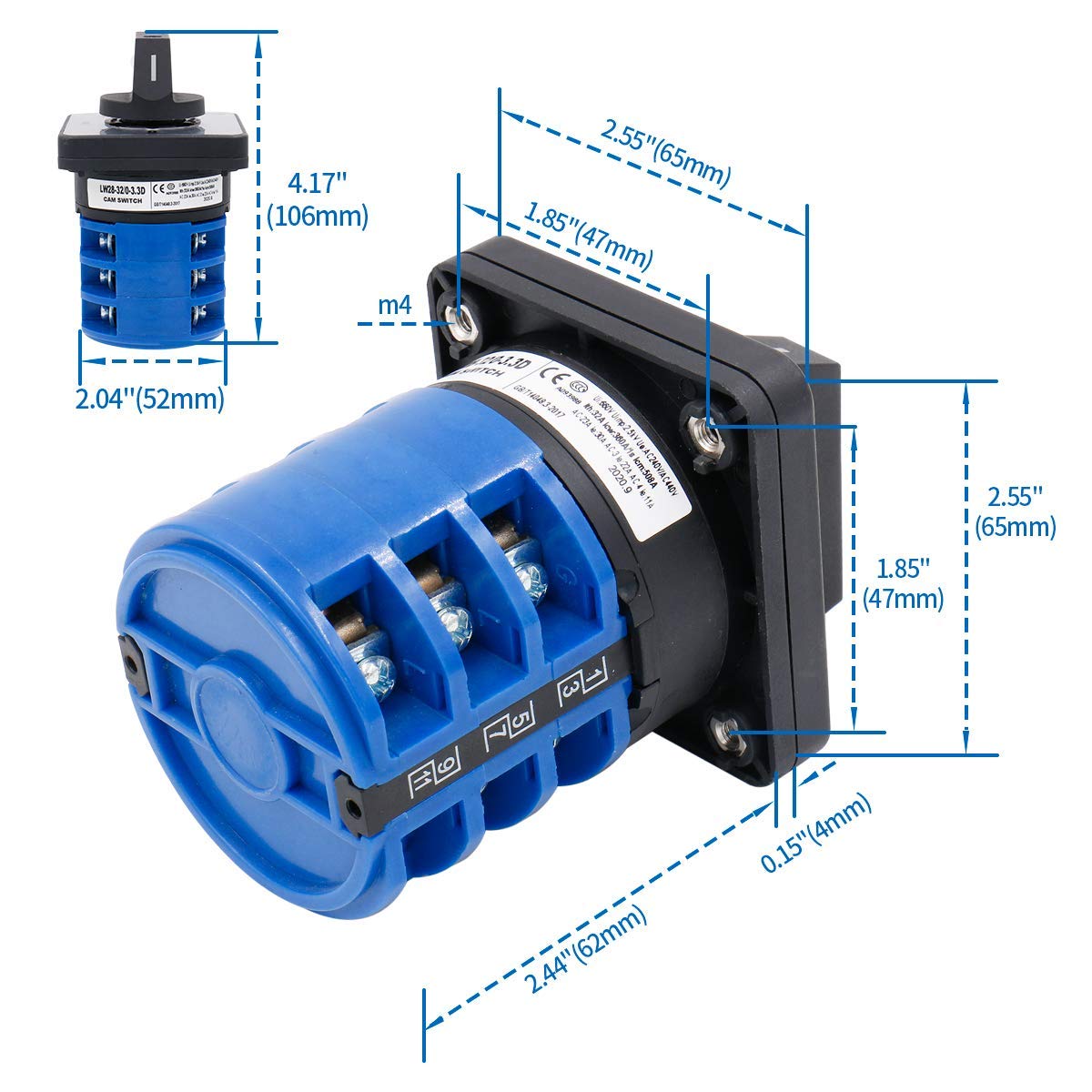 Baomain Universal Rotary Changeover Switch SZW26-40/D303.3D with Master Switch Exterior Box 660V 40A 3 Position 12 Terminals 3 Phase