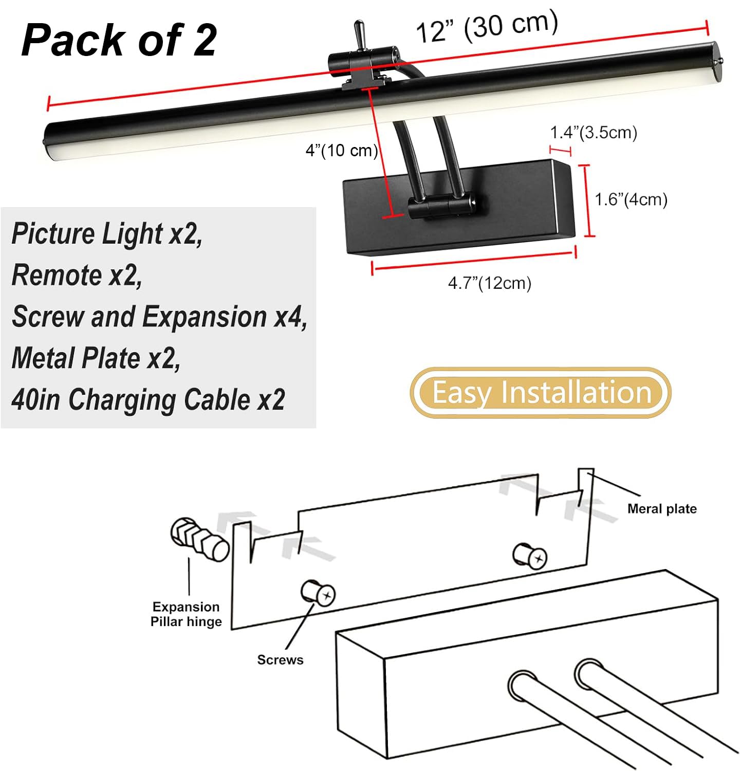 Yuichoy 2 Pack Picture Lights for Wall Battery Operated, 12 inch Wireless Art Lighting for Painting, 6 Colors Picture Frame Lights with Remote, Dimmable 4200mAh Gallery Light, Black