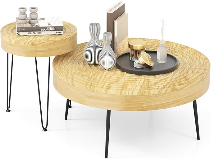 Giantex Boho Round Coffee Table Set of 2, Sofa Side Nesting Table with Solid Pine Wood Top, Metal Legs & Adjustable Foot Pads, 31.5" D Large Table Set for Living Room (Ring Pattern, Natural)