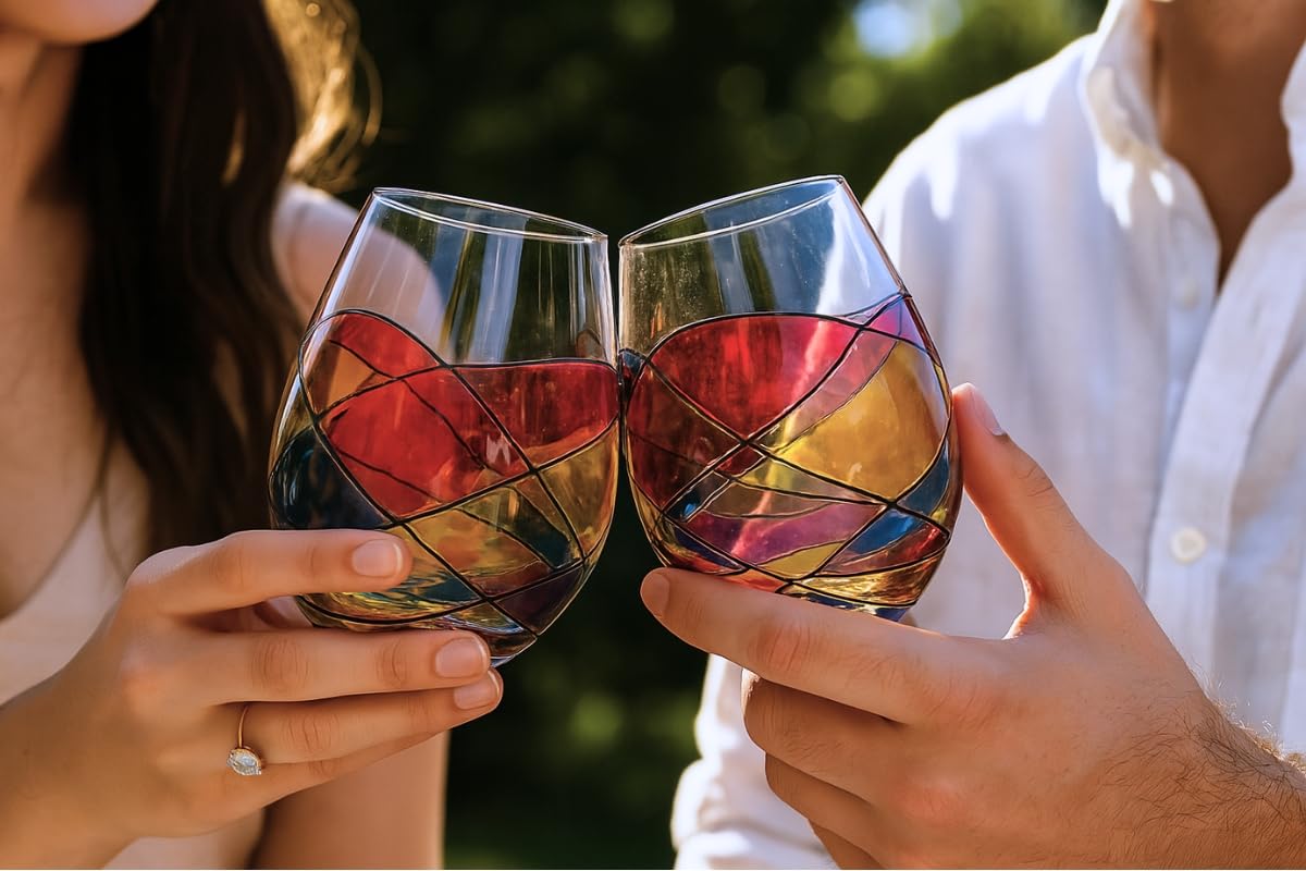 Antoni Barcelona Stemless Wine Glasses – Hand‑Painted Set of 4, Unique Wine Gift for Wedding, Anniversary, Housewarming & Christmas • Sagrada Familia Style • Ideal for Women & Men