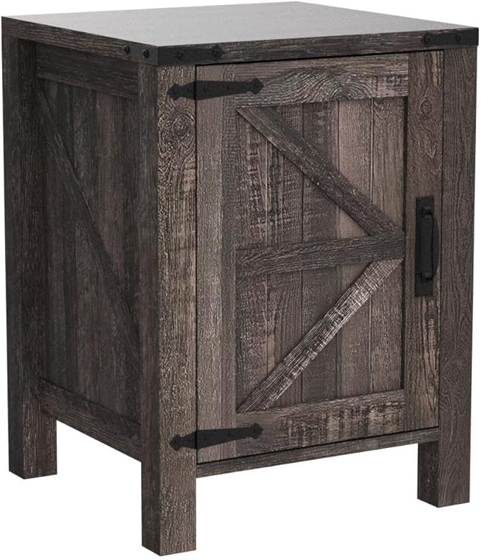 OKD Nightstand with Charging Station, 18 Inch Farmhouse End Table with Barn Door and Adjustable Storage Shelf, Rustic Wood Sofa Side Table w/Magnetic Door for Living Room, Bedroom, Dark Rustic Oak