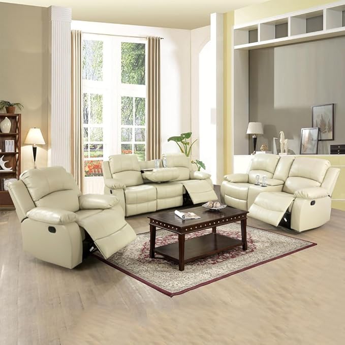 A Ainehome Recliner Sofa Set Living Room Manual Reclining Sofa Bonded Leather Loveseat Chair with Storage Console&Cup Holder Sectional Couch for Living Room/Home(A-Beige Leather, 3 Piece Set)