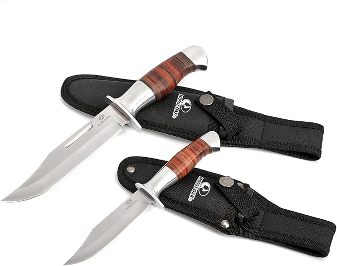Mossy Oak Fixed Blade Bowie Knife, 2-piece Hunting Knife with Leather Handle Featuring Laser Pattern, Sheath Included