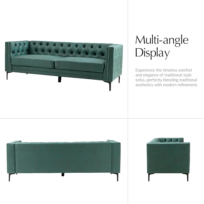 HULALA HOME 84" W Faux Leather Sofa Couch with Metal Legs, Button-Tufted 3-Seater Sofa, Mid Century Modern Contemporary Upholstered Couch for Living Room, Entertainment Area, Apartment,Green