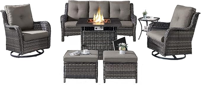 Belord Outdoor Patio Furniture Set with Propane Fire Pit Table, 7 Pieces Wicker Patio Conversation Set with 2 Swivel Glider Rocker Chair Rattan Sofa Grey Cushion Perfect for Casual Gathering