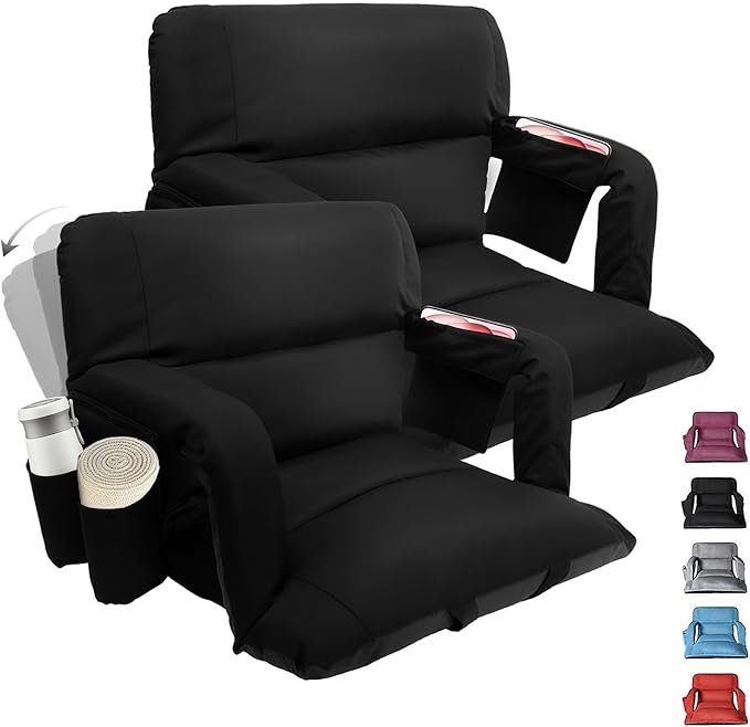 Aventorixis Wide Stadium Seats with Back Support – 2 Pack Sofa Style Bleacher Chairs, Thick Cushions, 6 Reclining Positions for Ultimate Comfort (Black-2 Pack, Wide|22.5")