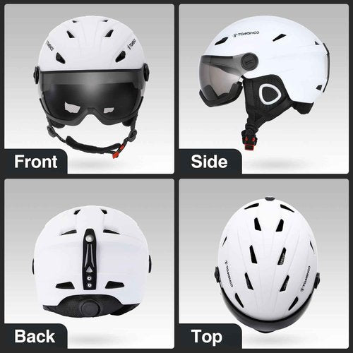 TOMSHOO Ski Snowboard Skateboard Helmet Adjustable Windproof Warm Detachable Liner Snow Winter Sports Helmet Earmuff (White with Glasses) (White, Medium)