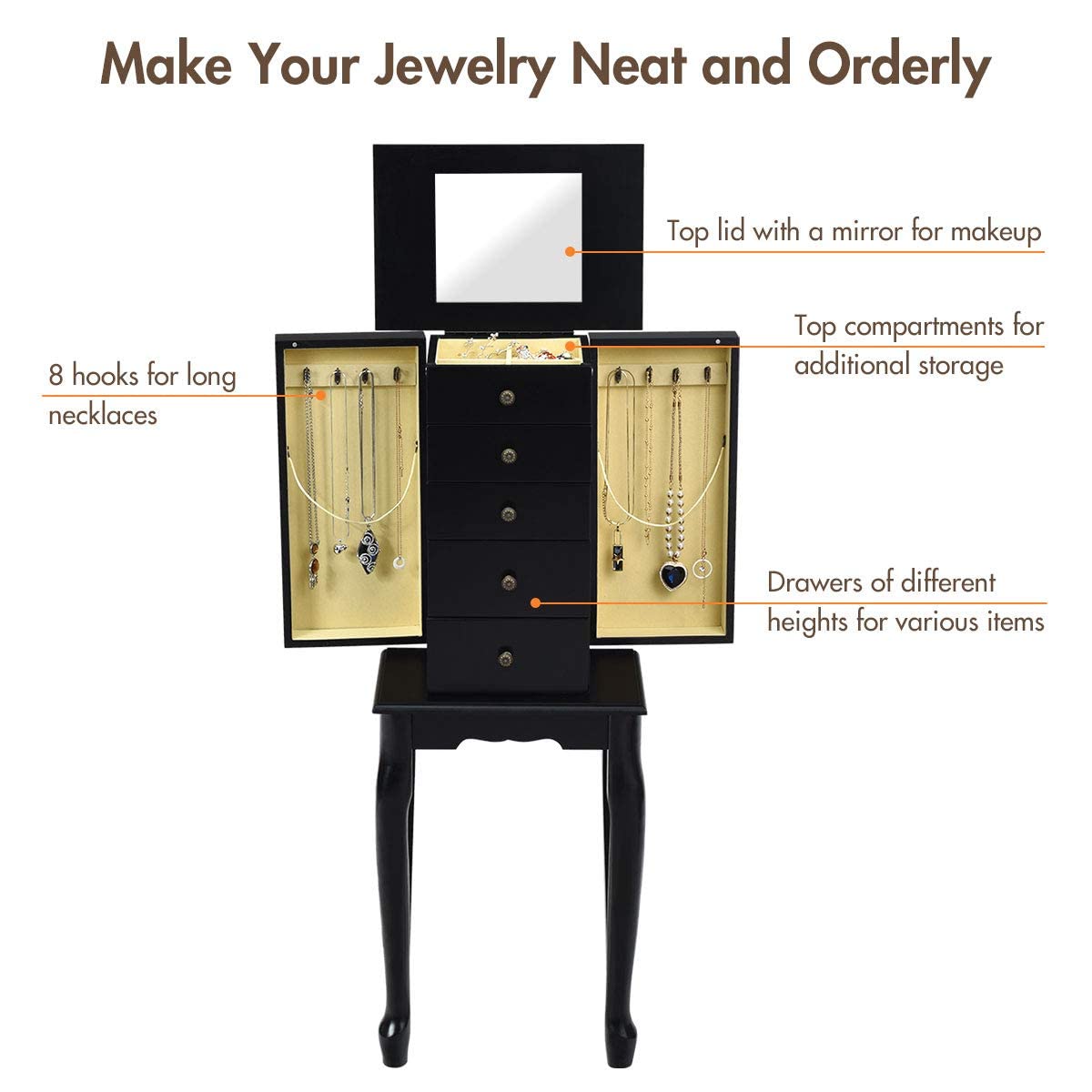 OFFICEJOY Jewelry Armoire Cabinet w/Top Flip Mirror, Wooden Jewelry Storage Chest w/ 4 Drawers, 2 Side Door, 8 Necklace Hooks, Standing Jewelry Organizer for Ring Necklace Bracelet (Black)