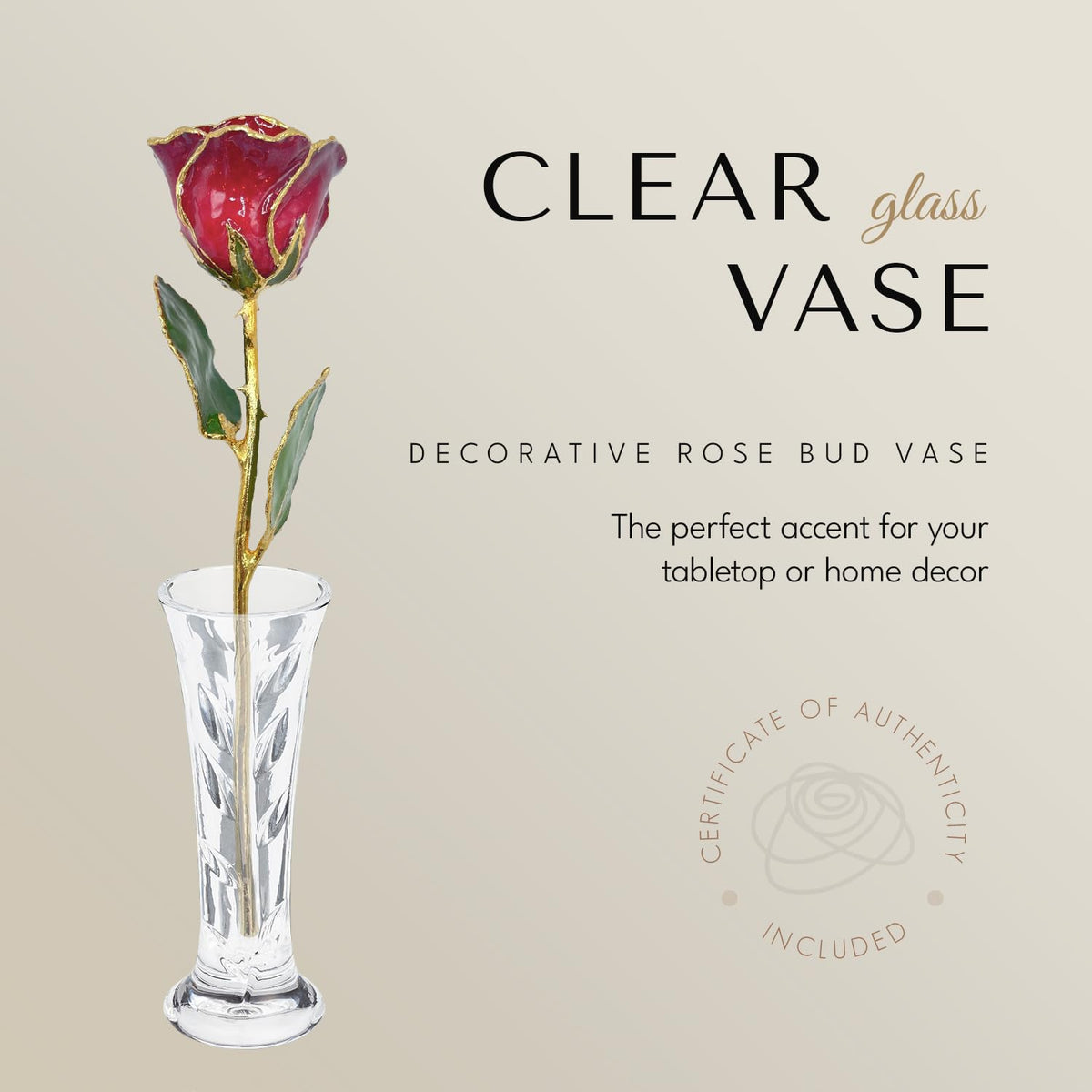 Forever Rose Hand-Dipped in 24K Gold, Ruby Red-Inspired July Birthstone with Sparkles, Real Rose in Luxury Gold Gift Box & Clear Glass Bud Vase –Perfect Ready to Gift for July Birthday or Any Occasion