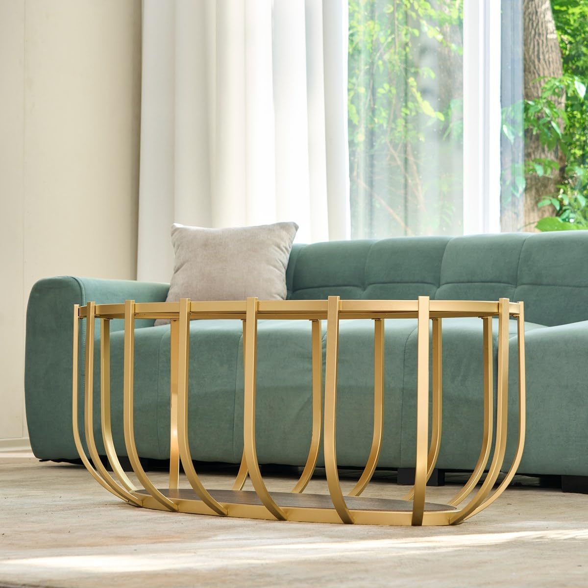 AGV LIGHTING Oval Glass Coffee Table with Gold Metal Frame, Modern Glam Glass Coffee Table, Amber Tempered Glass Top with Lower Walnut Shelf, Modern Gold Coffee Table for Living Room