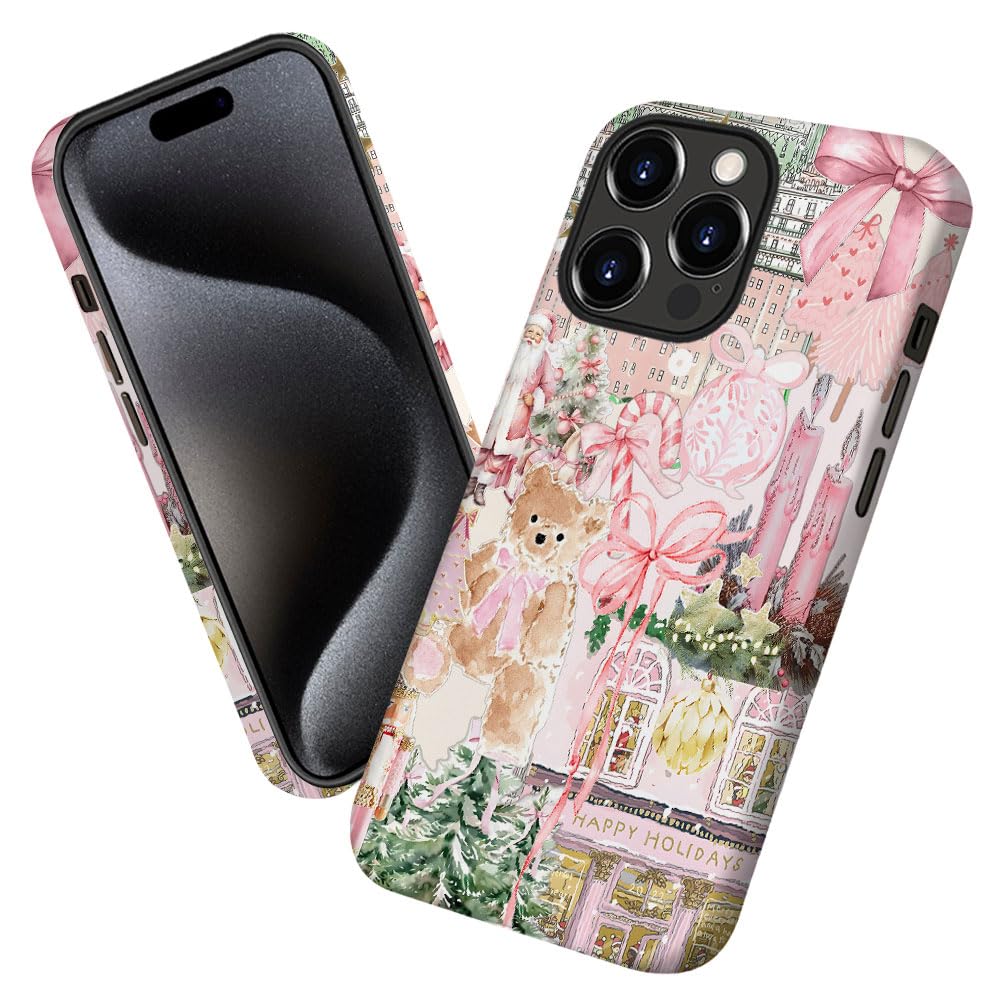 Case for iPhone 14 Pro Max,Pink Tree Christmas Holiday Phone Case Military-Grade Drop Protection Cover for Women Girl - Frosted