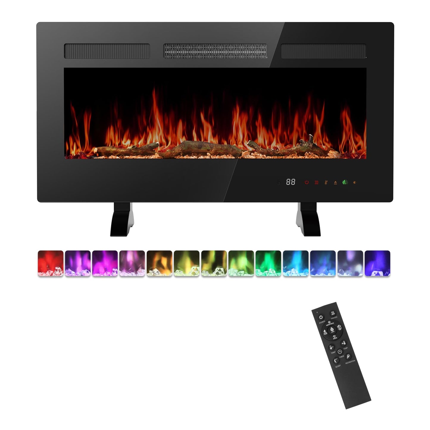36" Electric Fireplace Insert, 1500W Wall Mounted & Recessed Fireplace Heater with Remote & Touch Screen, Adjustable Flame Color & Brightness, 12H Timer, Low Noise Electric Fireplace for Indoor Use