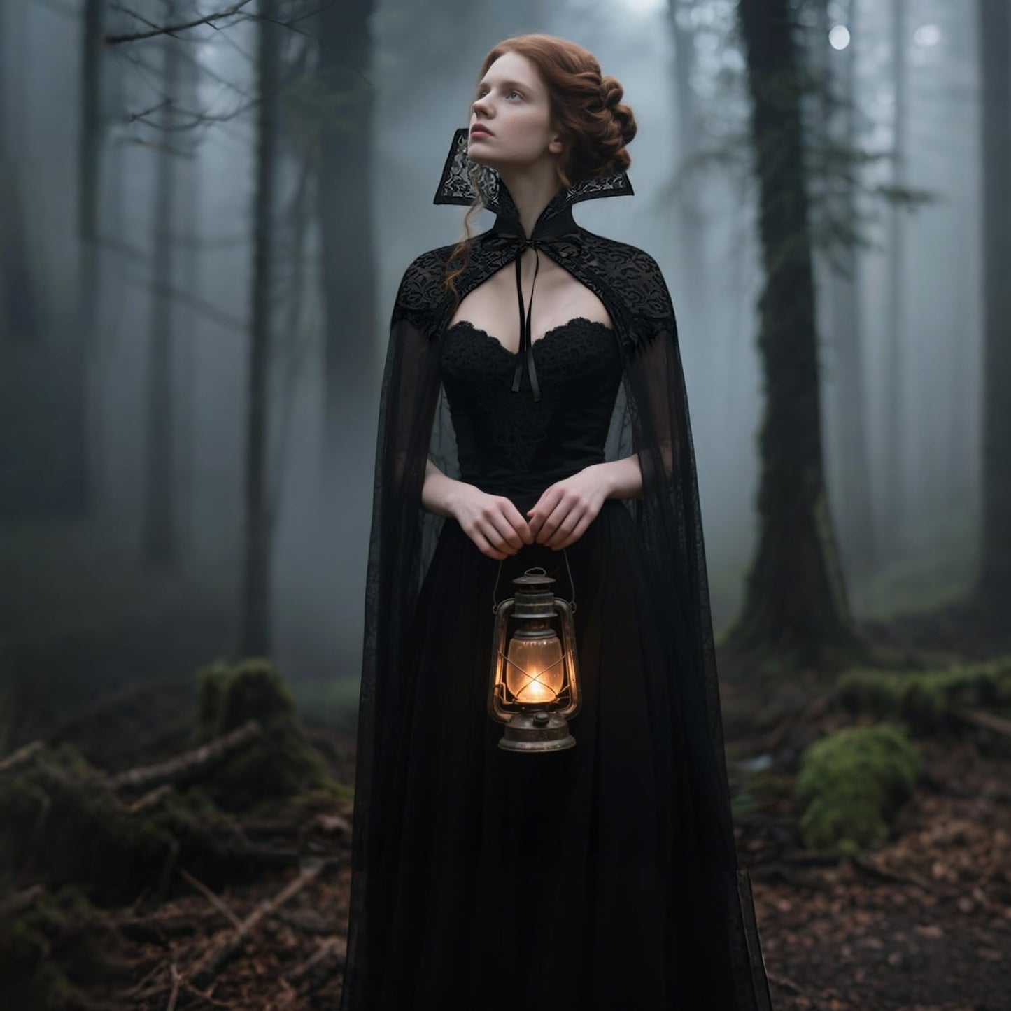 L'VOW Black Vampire Cloak Stand-up Lace Collar Cape Gothic Tulle Witches Cape for Womeen Halloween