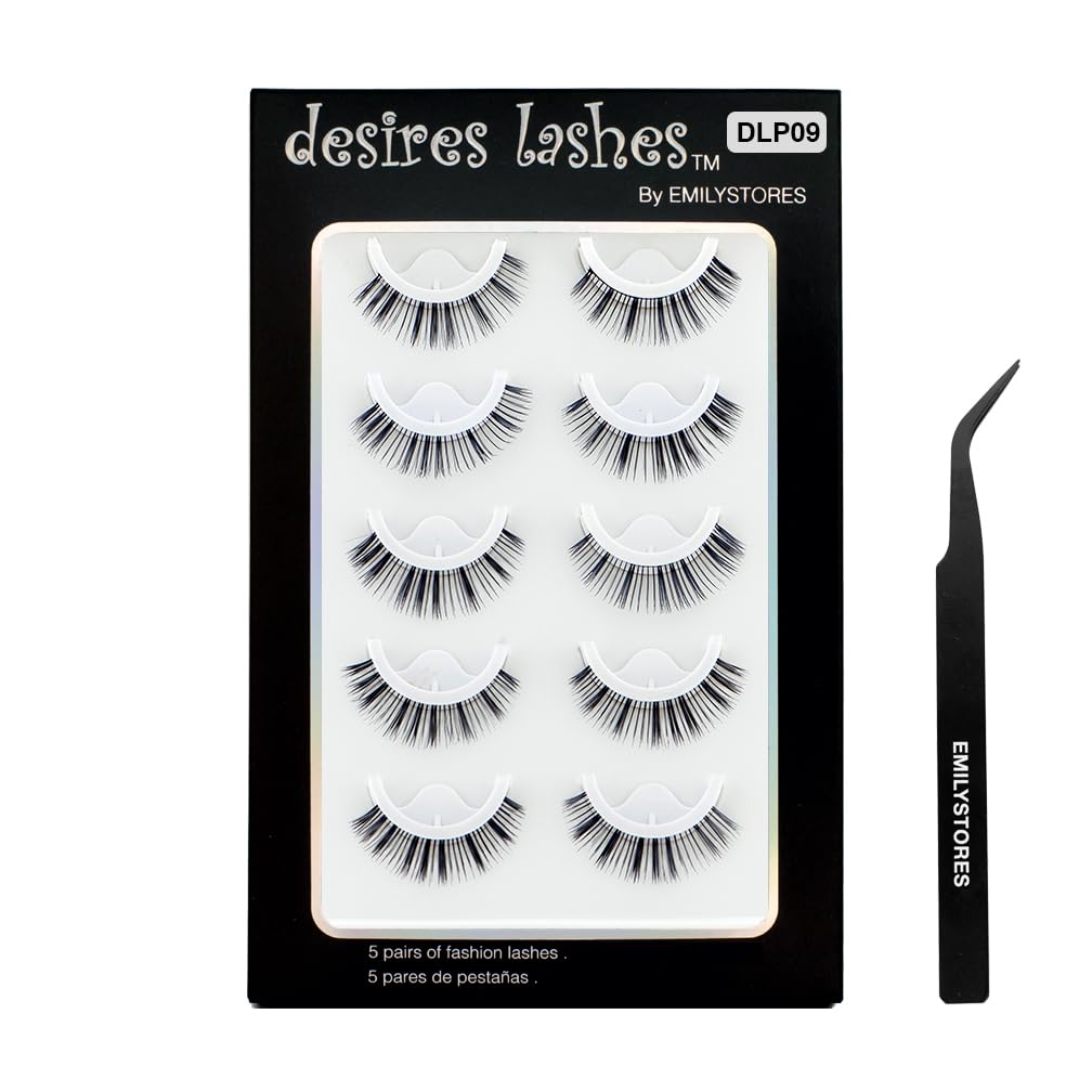 EMILYSTORES Brown Lashes Pre-Glued Self Adhesive Eyelashes, Natural Press on Lashes Reusable, With Tweezer Applicator 5 Pairs (D