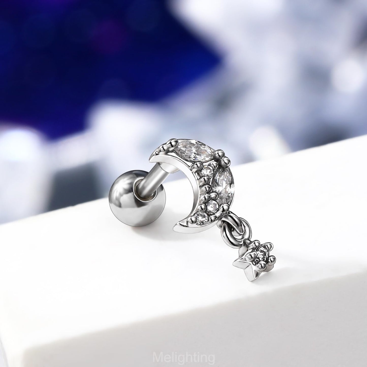 Melighting 16G Helix Earrings 316L Stainless Steel Tragus Stud Moon Clear CZ Cartilage Earring for Women Men Tragus Earrings Con