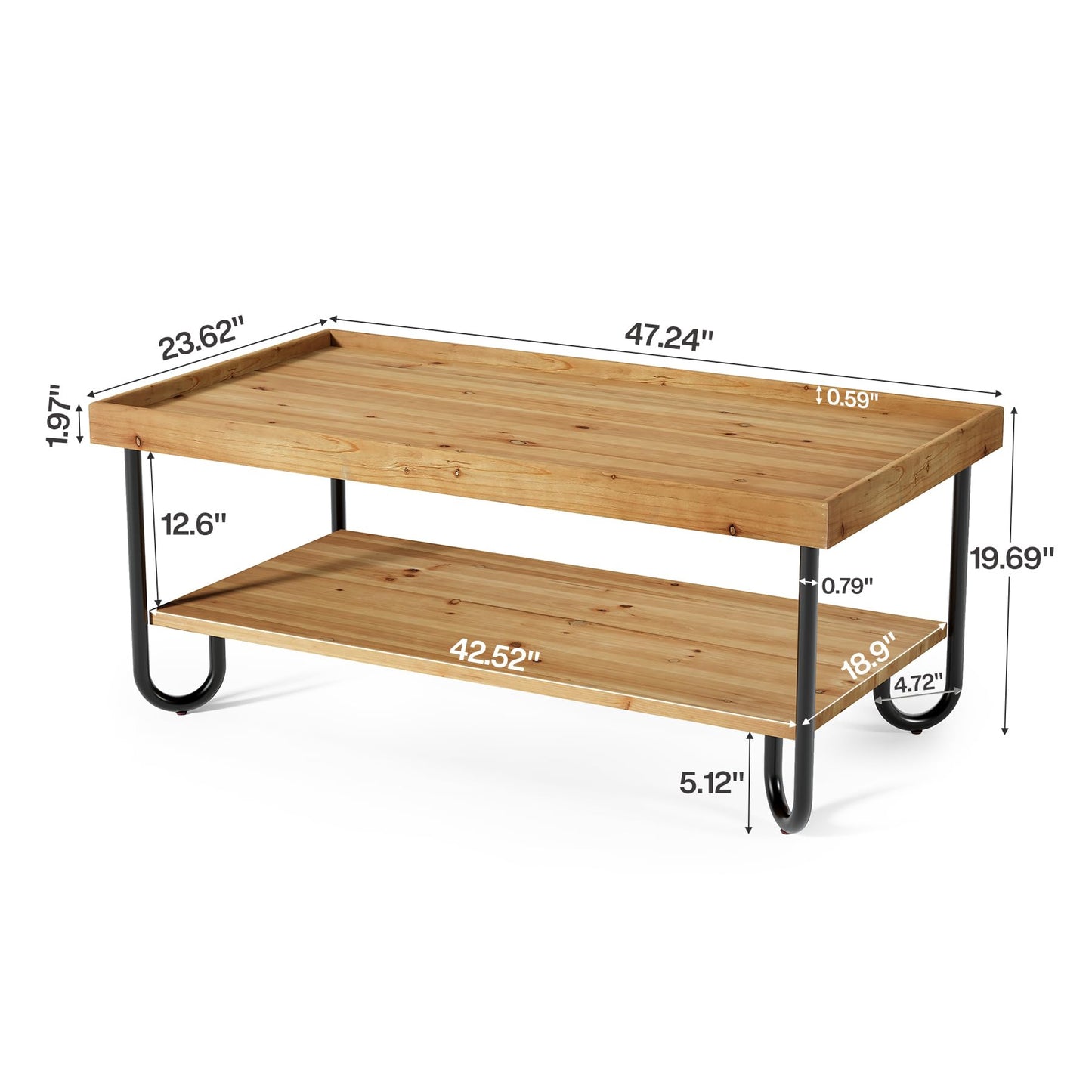 TRIBEWOOD 47.24-Inch Solid Wood Coffee Table, 2-Tier Rectangular Center Table with Curved Metal Legs, Industrial Cocktail Tea Table with Storage Shelf for Living Room, Apartment (Light Brown)