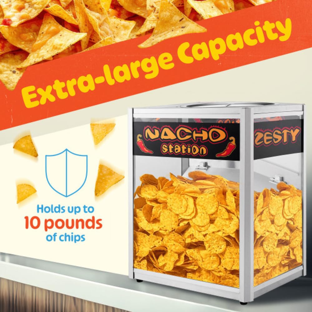 Nacho Machine Food Warmer - Steel Countertop Display Case and Merchandiser for Tortilla Chips, Peanuts, and Popcorn by Great Northern Popcorn (Silver)