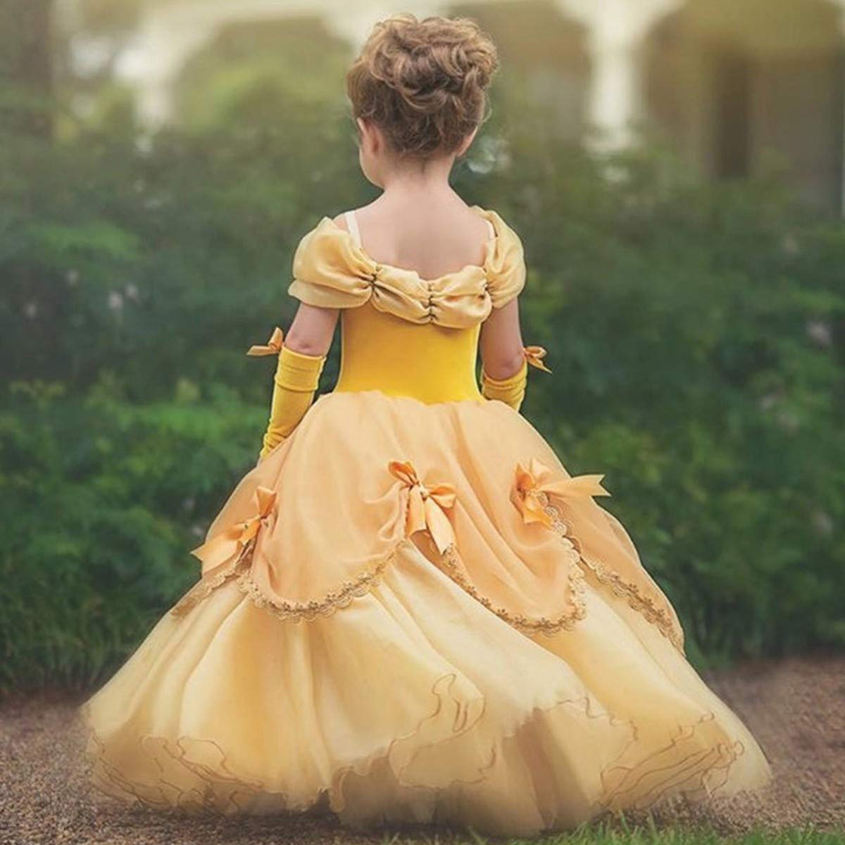 HOIZOSG Belle Princess Dress Up for Girls Beauty and The Beast Halloween Costume Christmas Birthday Party Gown w/Arm Sleeves 10-11T