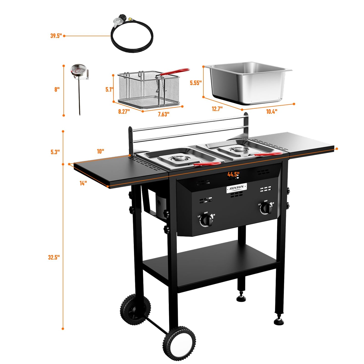 Bonnlo Outdoor Fryer with Dual 8QT Tank & Basket, 24,000 BTU Propane Deep Fryer with Side Shelf & Thermometers, Commercial Fryers with Wheels & Simple Control Knob for Outdoor Camping Cooking Use