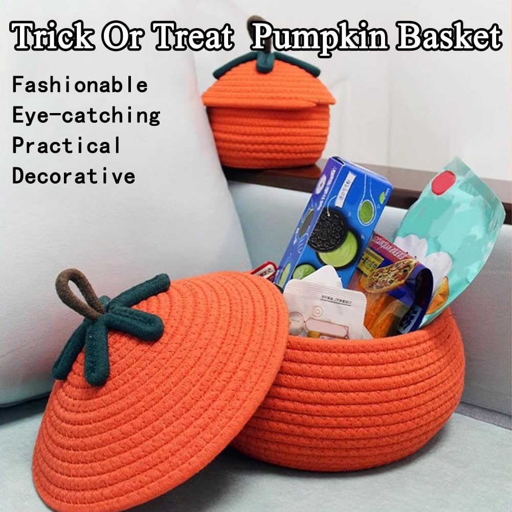 Halloween Pumpkin Basket With Lid, Halloween Pumpkin Candy Bucket, Trick Or Treat Pumpkin Woven Storage Bin, Large Capacity Woven Rope Basket For Store Toys, Candys, Snacks, Home Decor (Khaki-L)