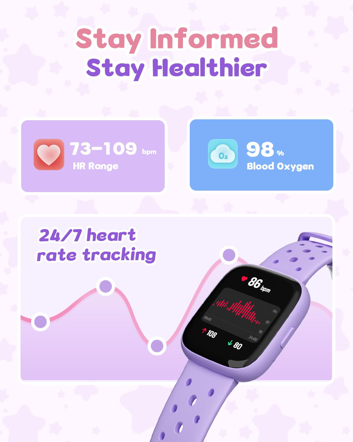 TICTIKY Kids Watch for Girls 5-12, Kids Smart Watch Fitness Tracker Pedometer, No Phone Needed, Puzzle Games with Parental Control, IP68 Waterproof, Heart Rate, Sleep Monitor, Step Counter, 80 Sports