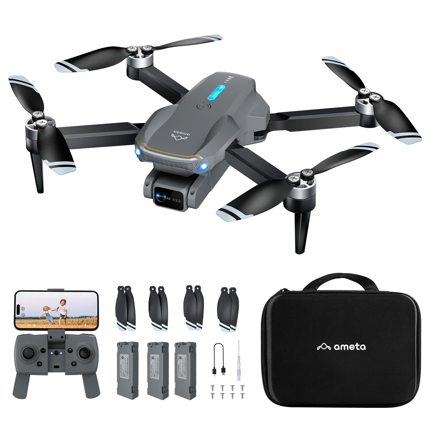 Ameta Drones with Camera for Adults 4k UHD, S20 Lite Brushless Motor FPV Foldable RC Drones for Adults Kids Beginners with 54 Mins Long Flight, Altitude Hold, Headless Mode, Circle Fly, 360° Flips