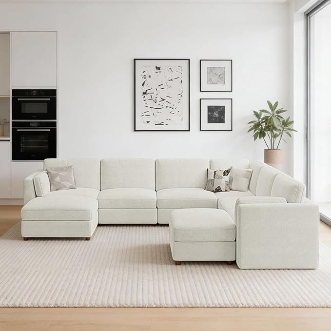 CUGOAO 159'' Modular Sectional Sofa, 8-Seater Oversized U-Shaped Sectional Couch with Ottoman, Deep Seat Chenille Cloud Couch, Mordern Upholstered Couches for Living Room, Apartment, Office, Beige