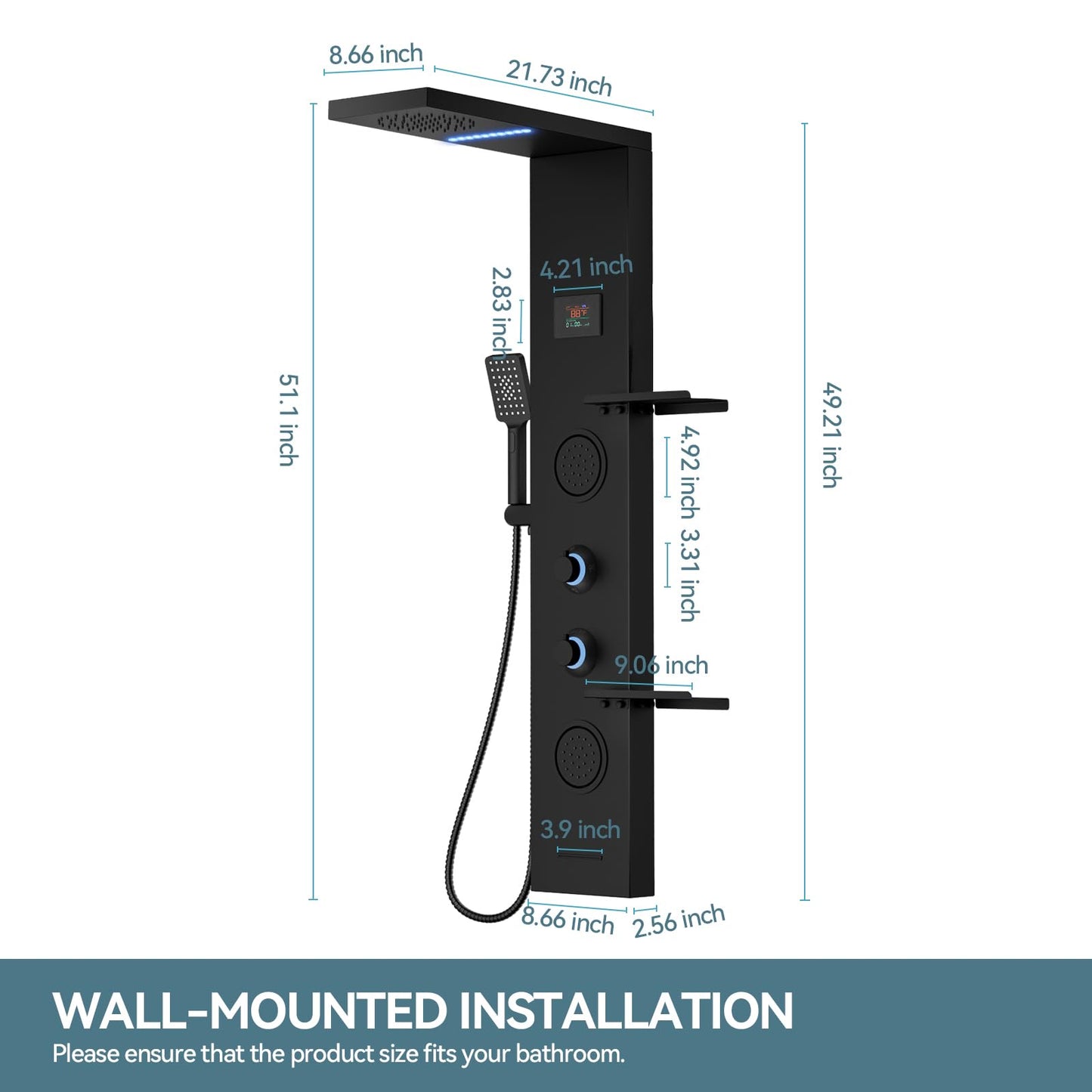 BATHLAVISH 5 in 1 Black Shower Panel Tower System With Storage Shelf, 304 Stainless Steel Shower Tower with Rainfall Shower Handheld and Tub Spout, Powerful Body Jets, Wall-Mounted Shower Set