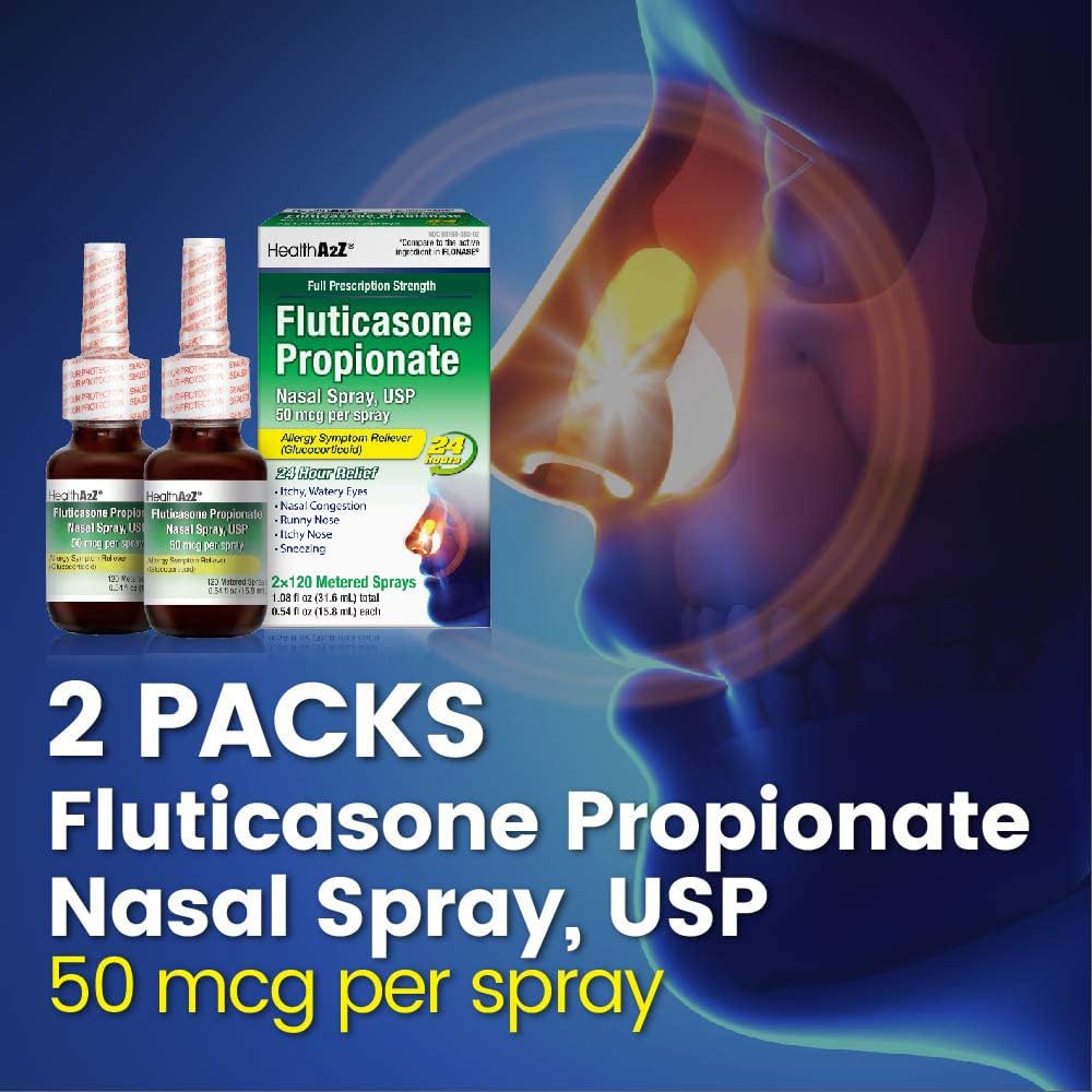HealthA2Z® Fluticasone Propionate Nasal Sprays | Allery Relief Spray | Runny Nose | Nasal Congestion | Sneezing | Itchy Watery Eyes | 24 Hour Allergy Relief | (2 Packs)